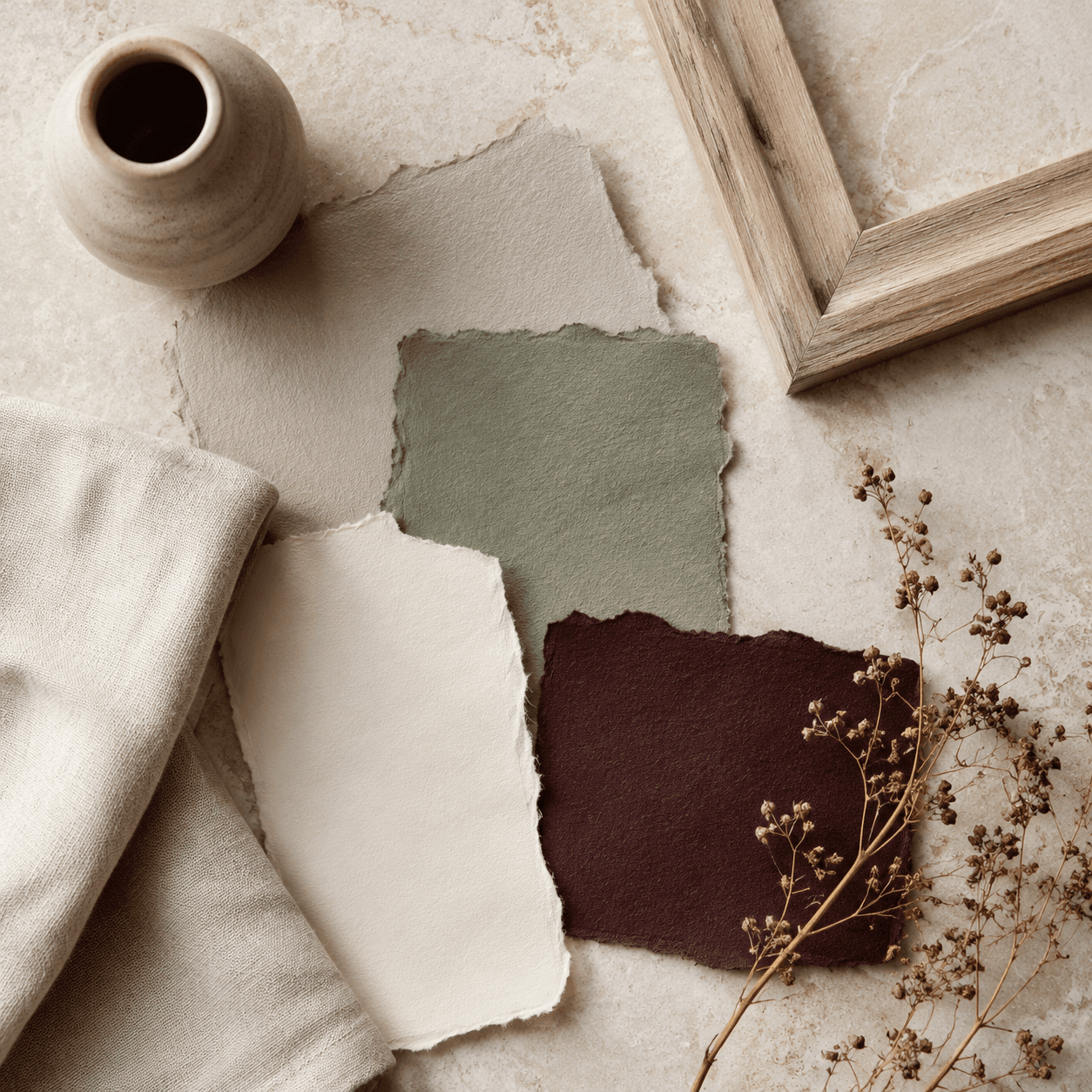 A decorative living mood board of paint swatches, ceramics, linen and a plain frame on limestone