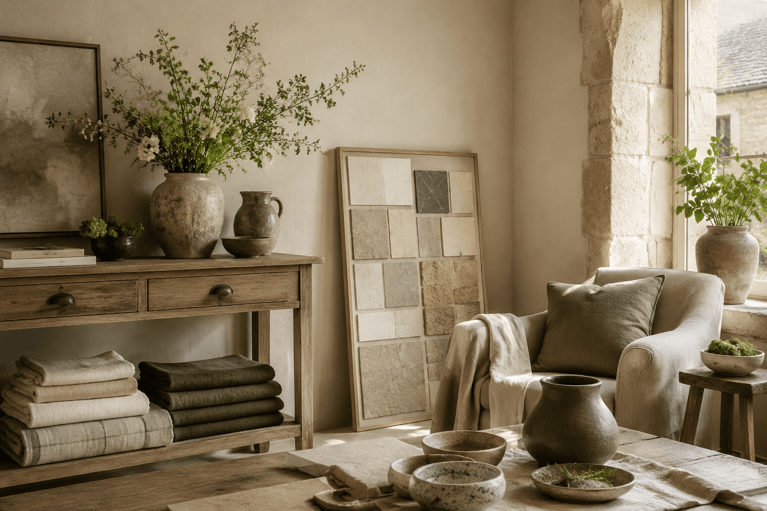 A Cotswold decorative living atelier with limestone walls, sage accents, curated ceramics and stacked linen