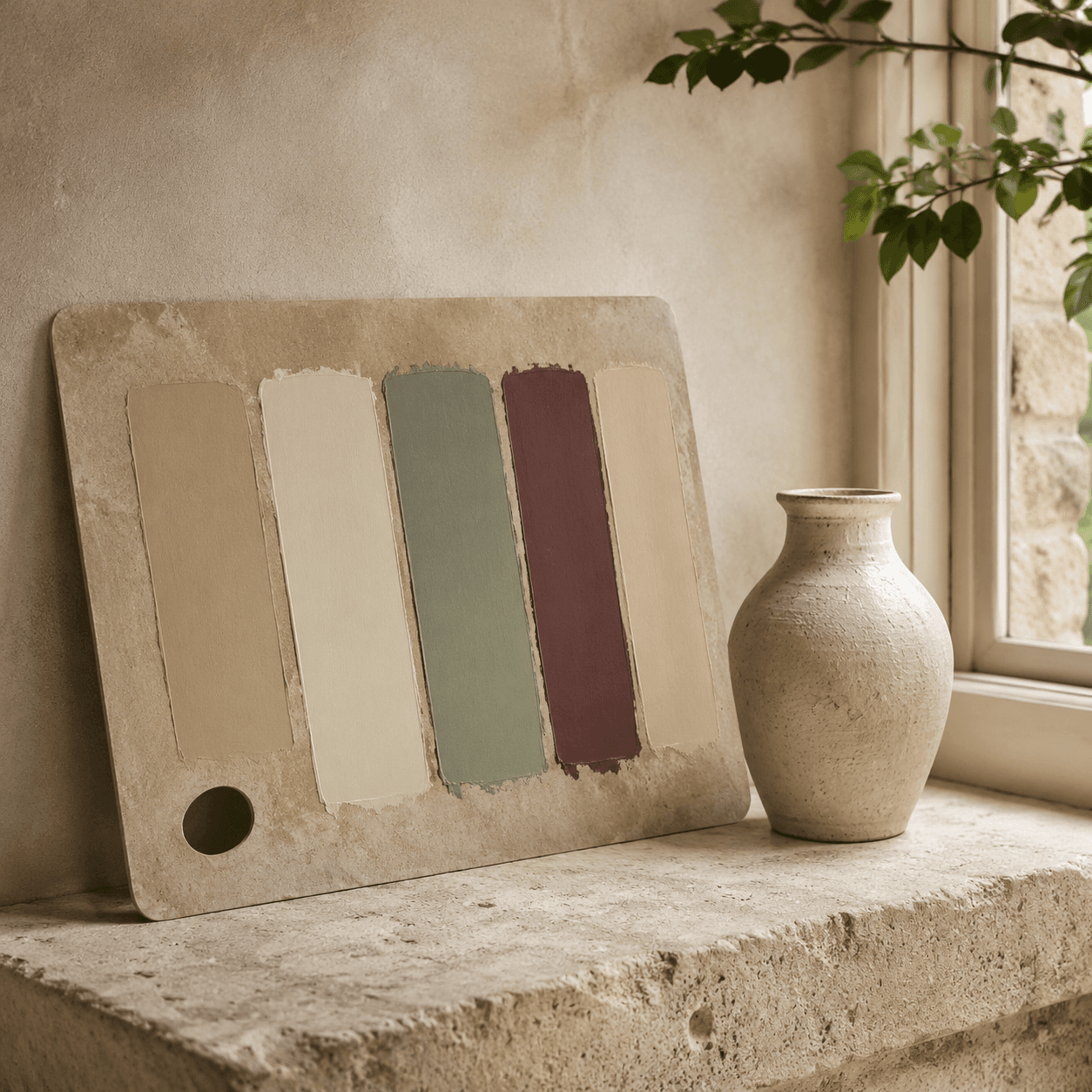 A palette board of limestone, cream, sage and oxblood tones beside a ceramic vase